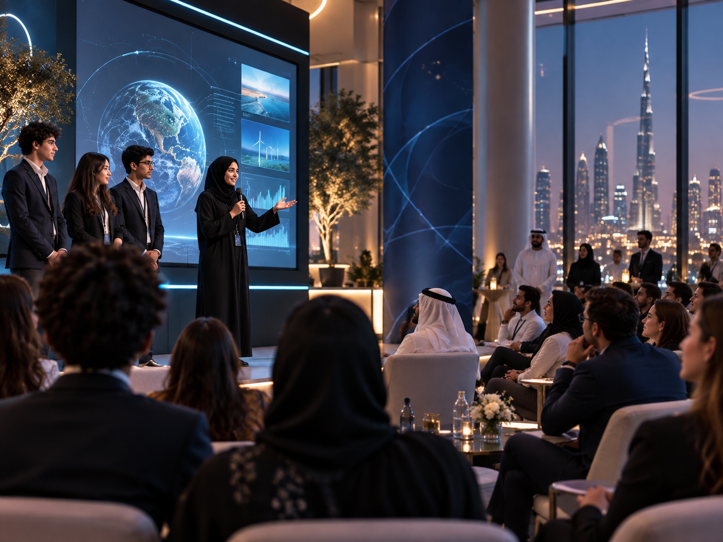 Students presenting at a futuristic research showcase in the UAE