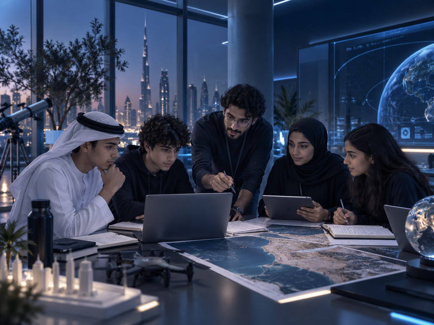 Students and a mentor collaborating in a futuristic research space